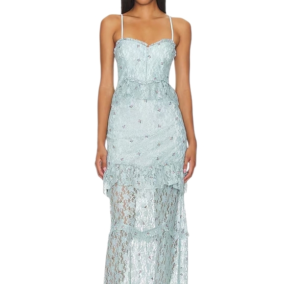 Elegant Maxi Floral Lace Women’s Dress in LightBlue